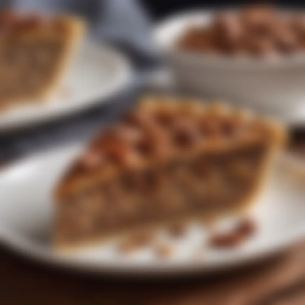 A slice of pecan pie on a plate, accentuating the layers and texture.