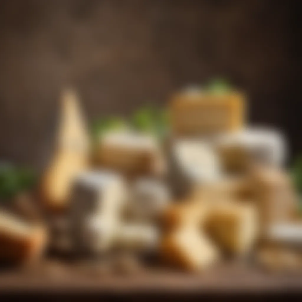 A rustic display of various Pecorino cheeses showcasing their textures and colors