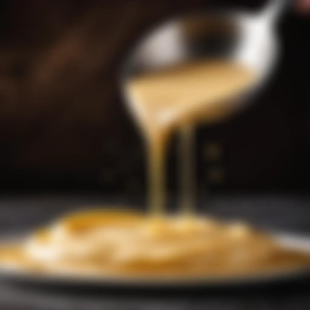 Silky smooth cheese sauce pouring from a spoon