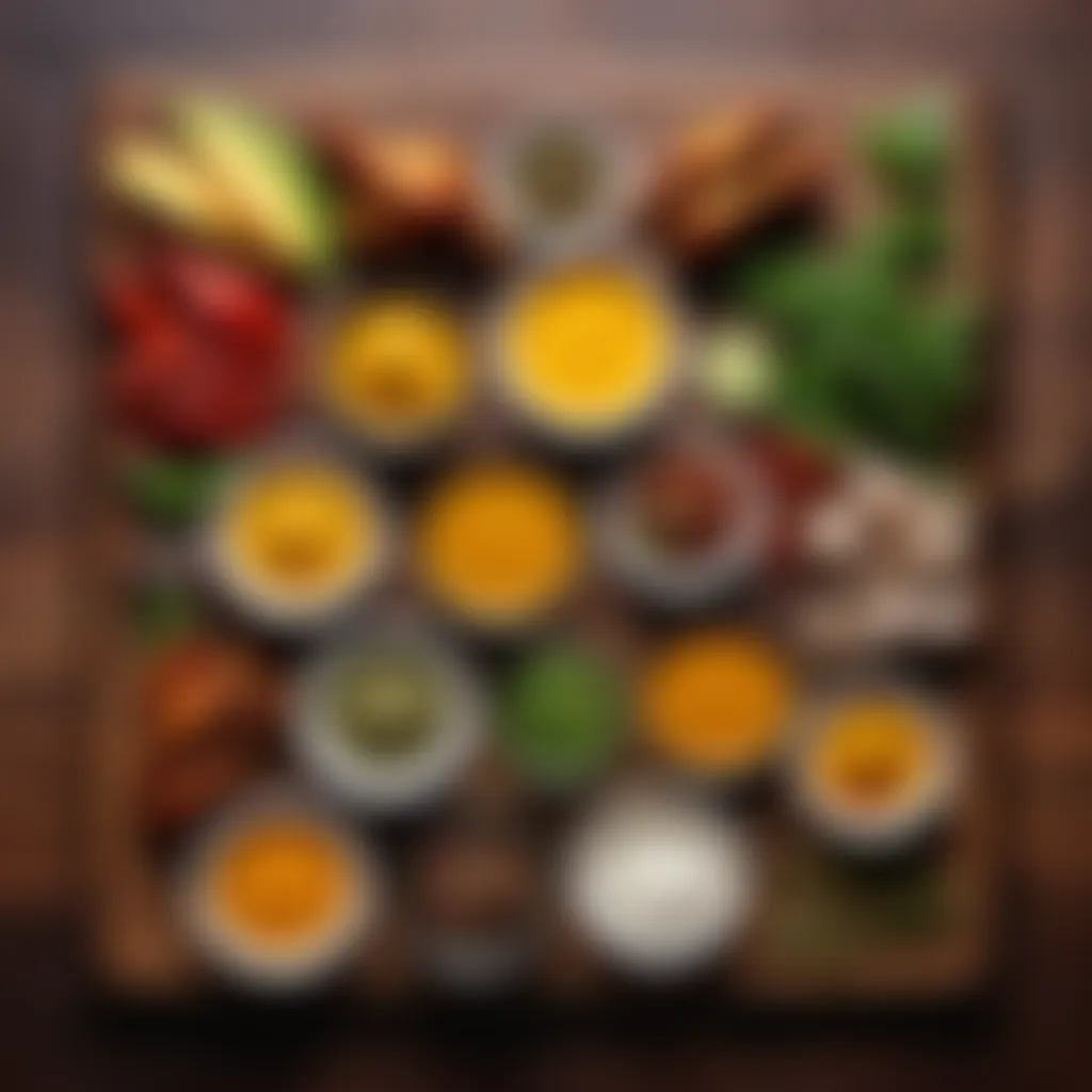 Spices and herbs arranged neatly on a wooden cutting board