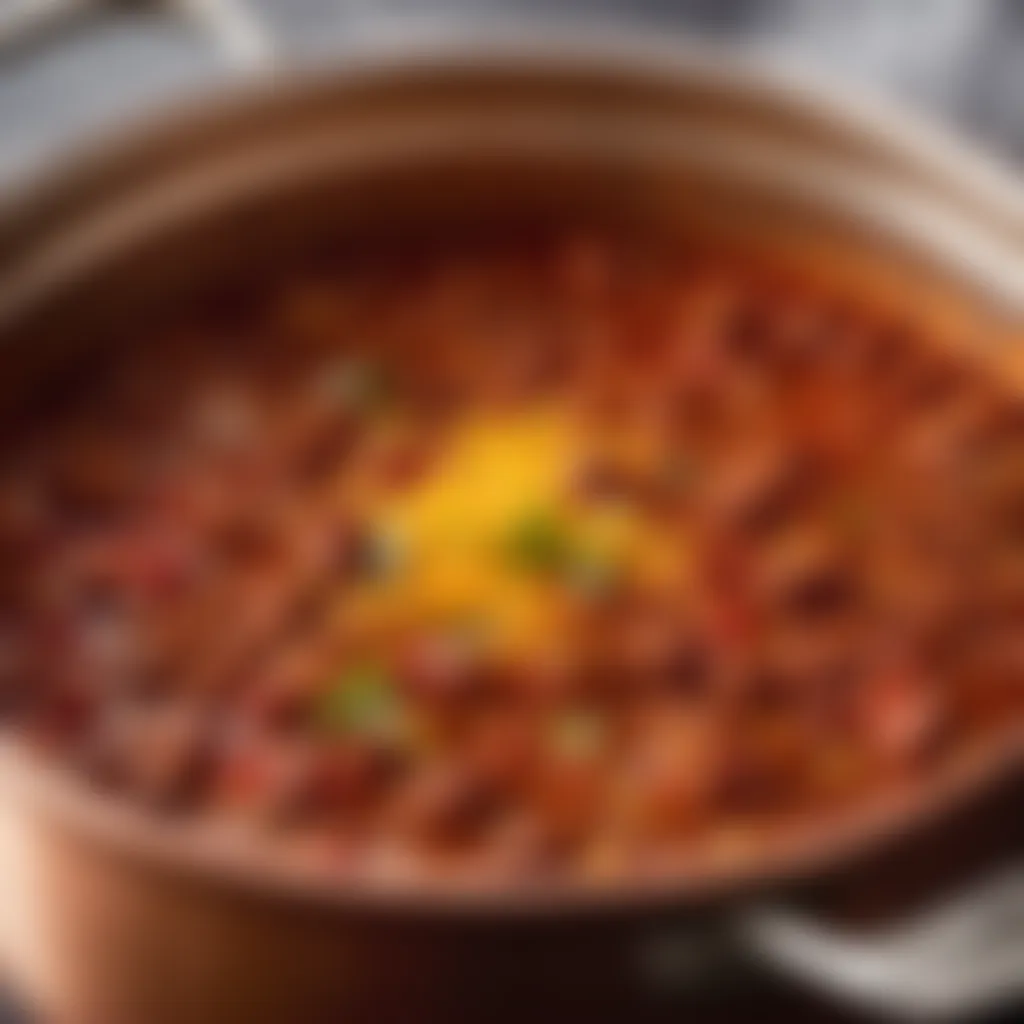 Rich and savory chili simmering in a copper pot