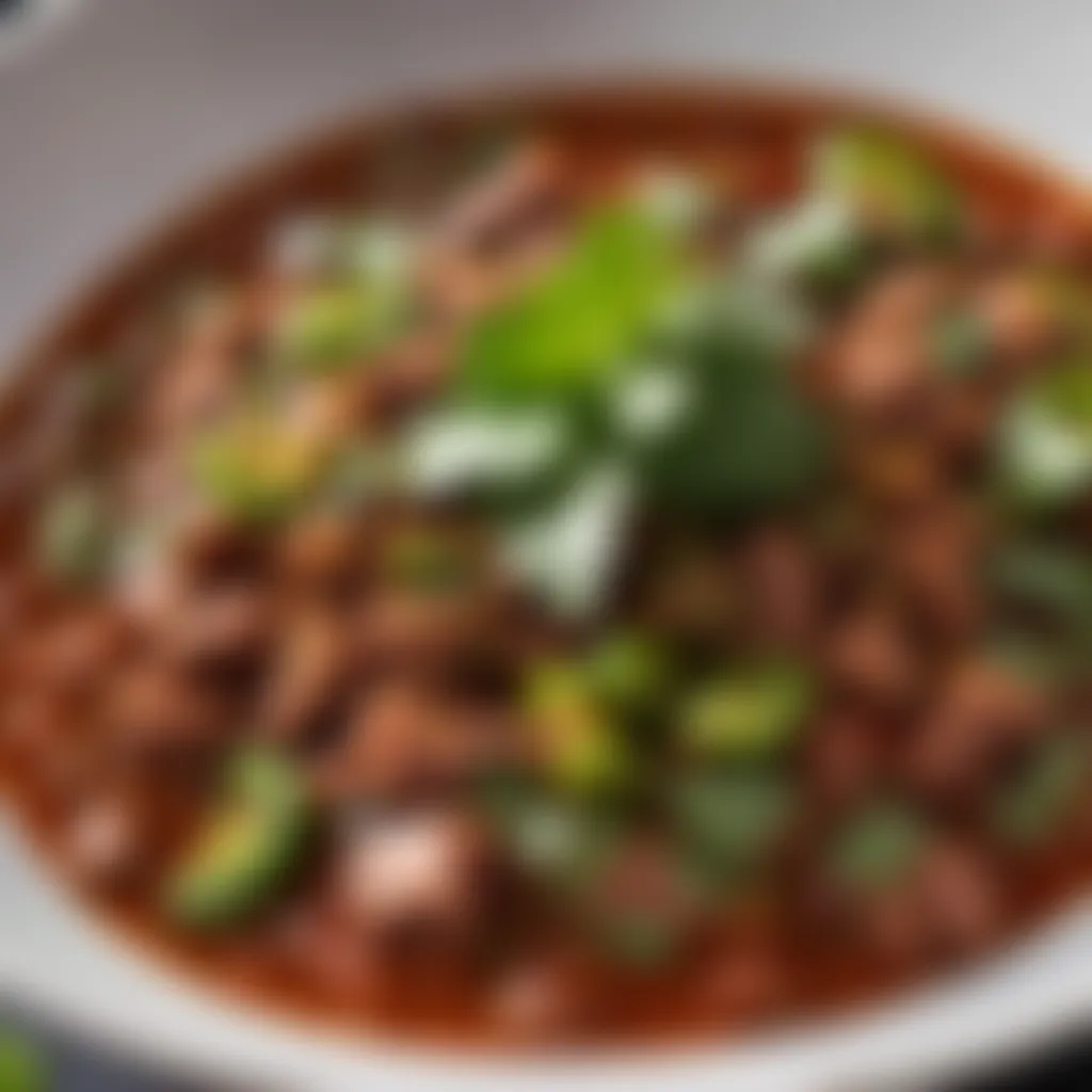 Gourmet chili garnished with fresh cilantro and jalapenos