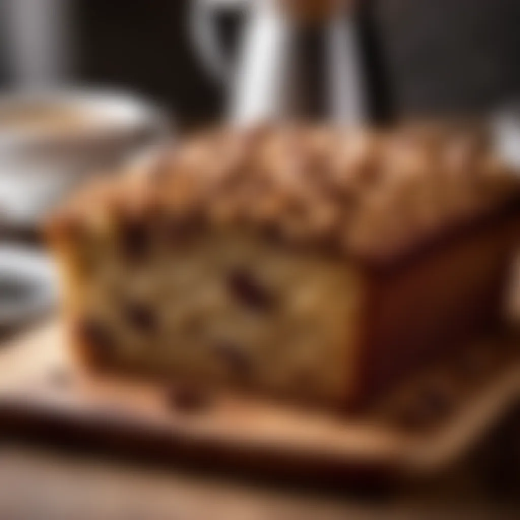 Freshly baked coffee cake on a wooden cutting board