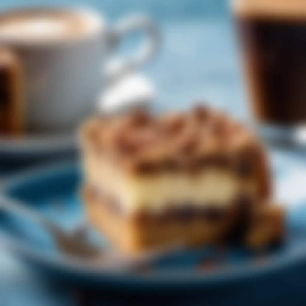 A slice of coffee cake on a blue plate with a cup of coffee