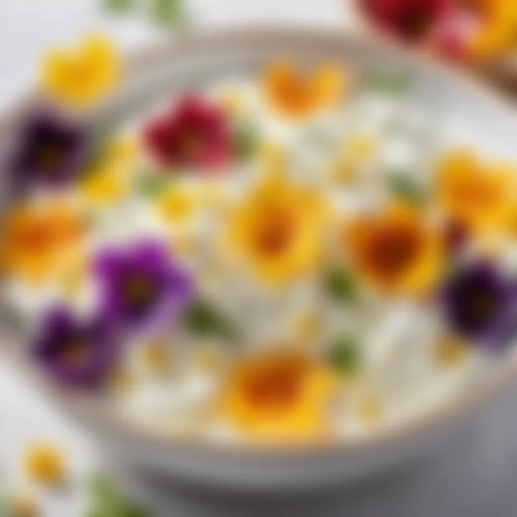 Delicious cottage cheese garnished with edible flowers