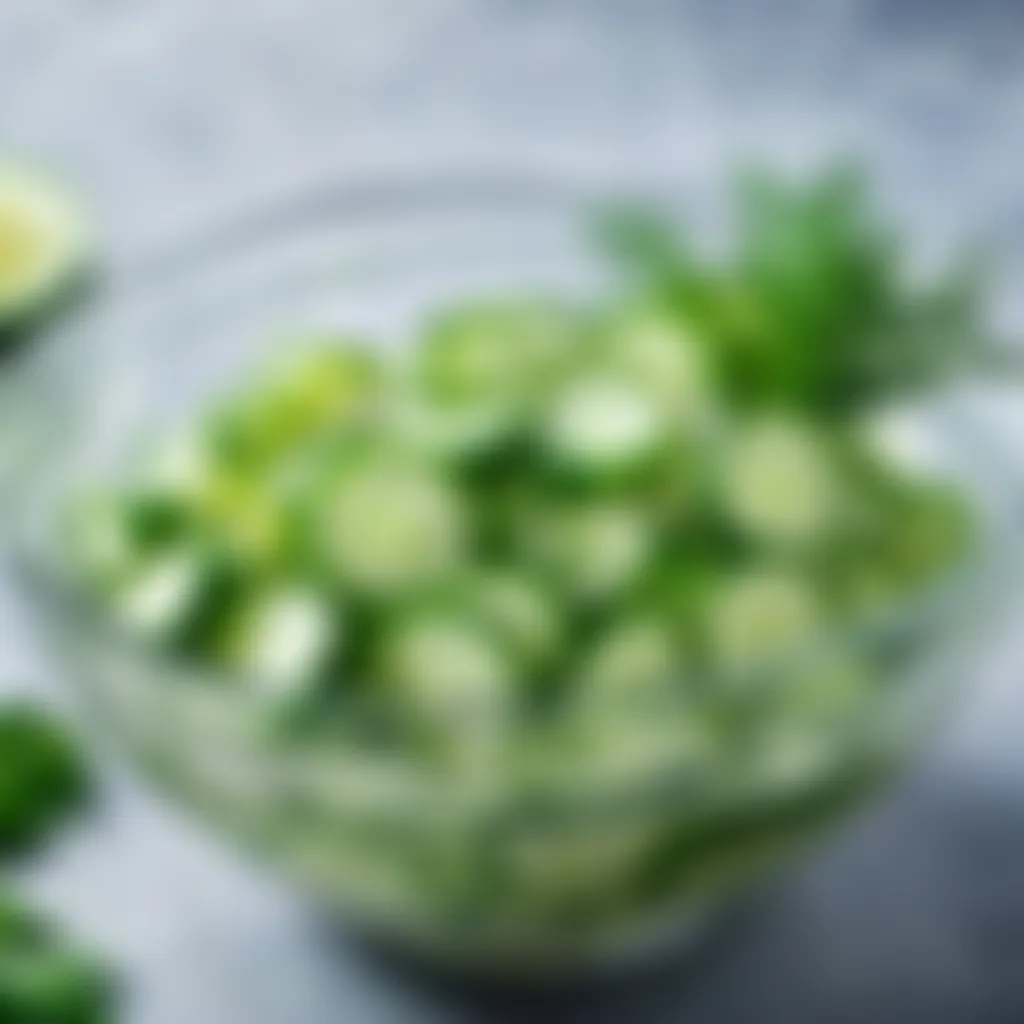 Cucumber salad in a glass bowl, garnished with dill