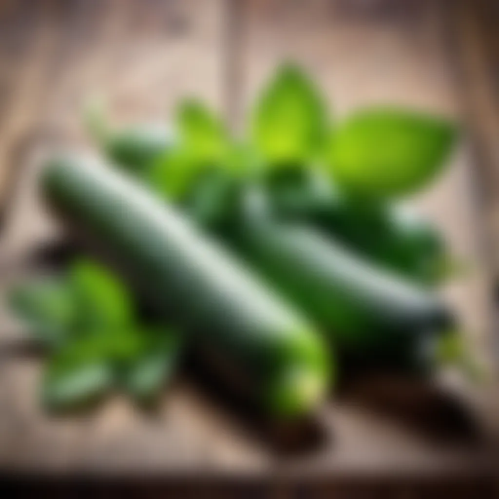 Fresh cucumber and mint leaves on a wooden table