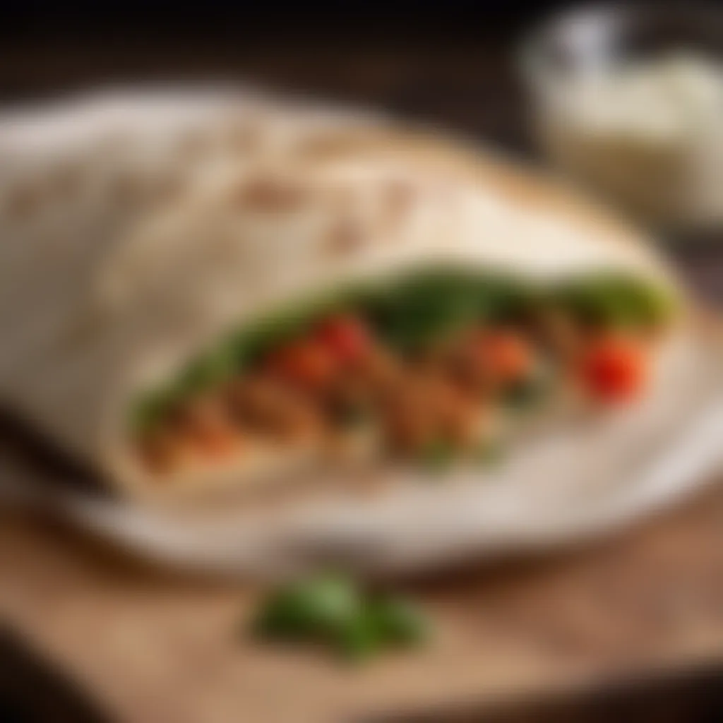 Close-up of a perfectly folded pitta bread with fillings peeking out