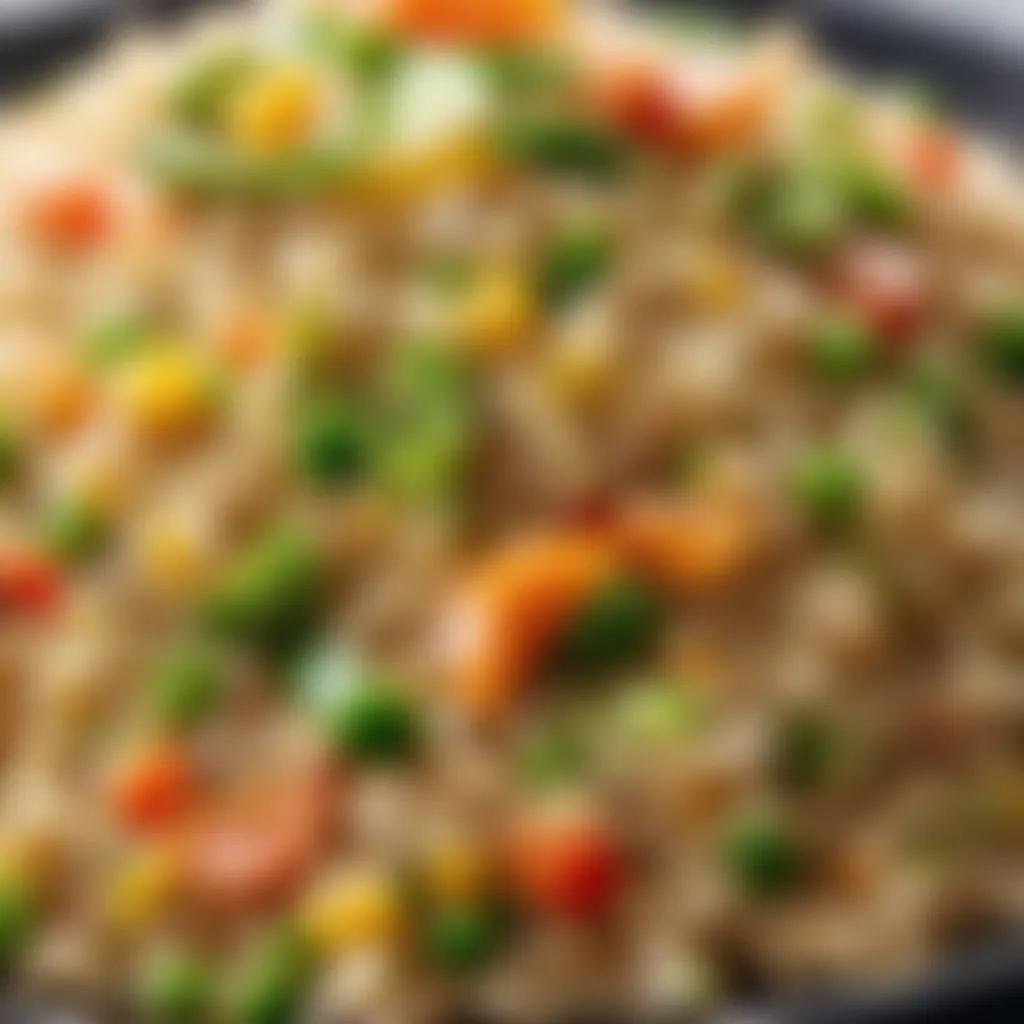 Close-up of cooked fried rice with colorful vegetables