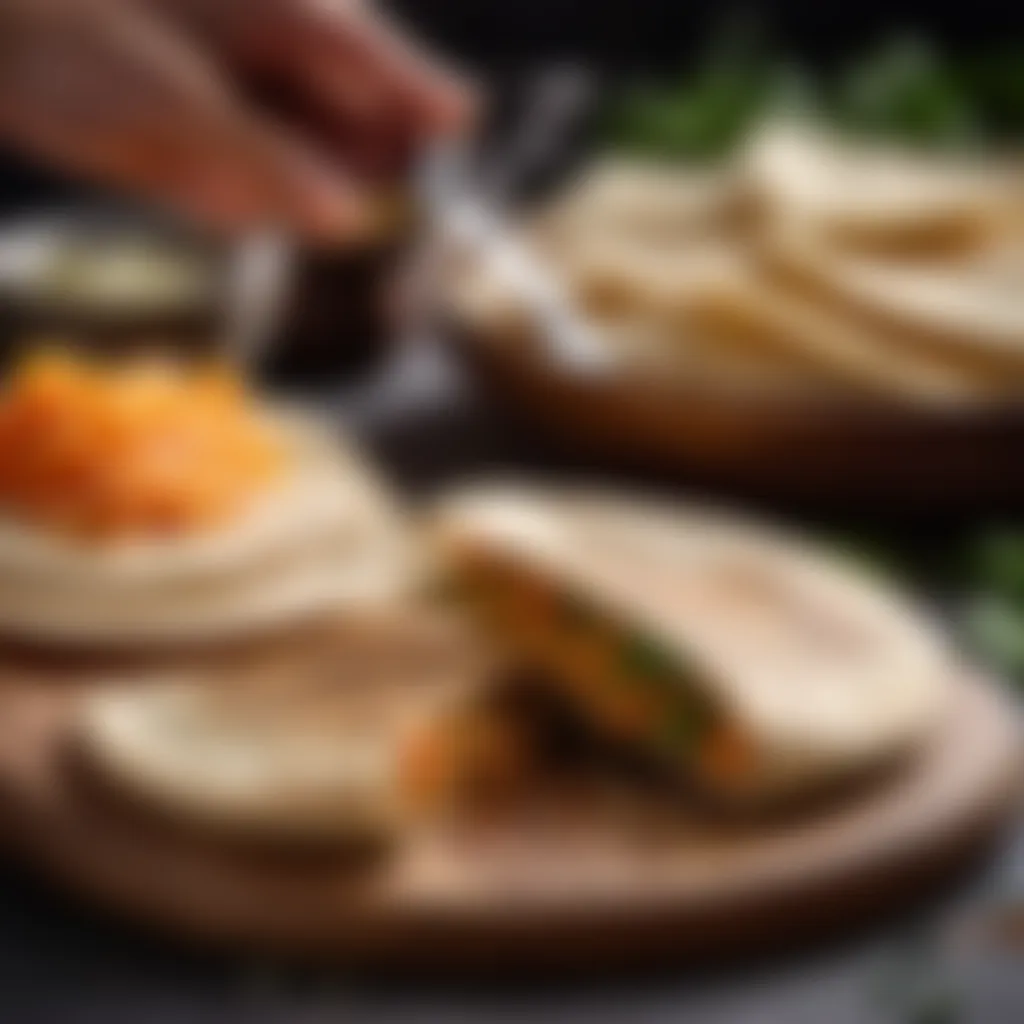 Golden brown pitta breads being filled with savory ingredients