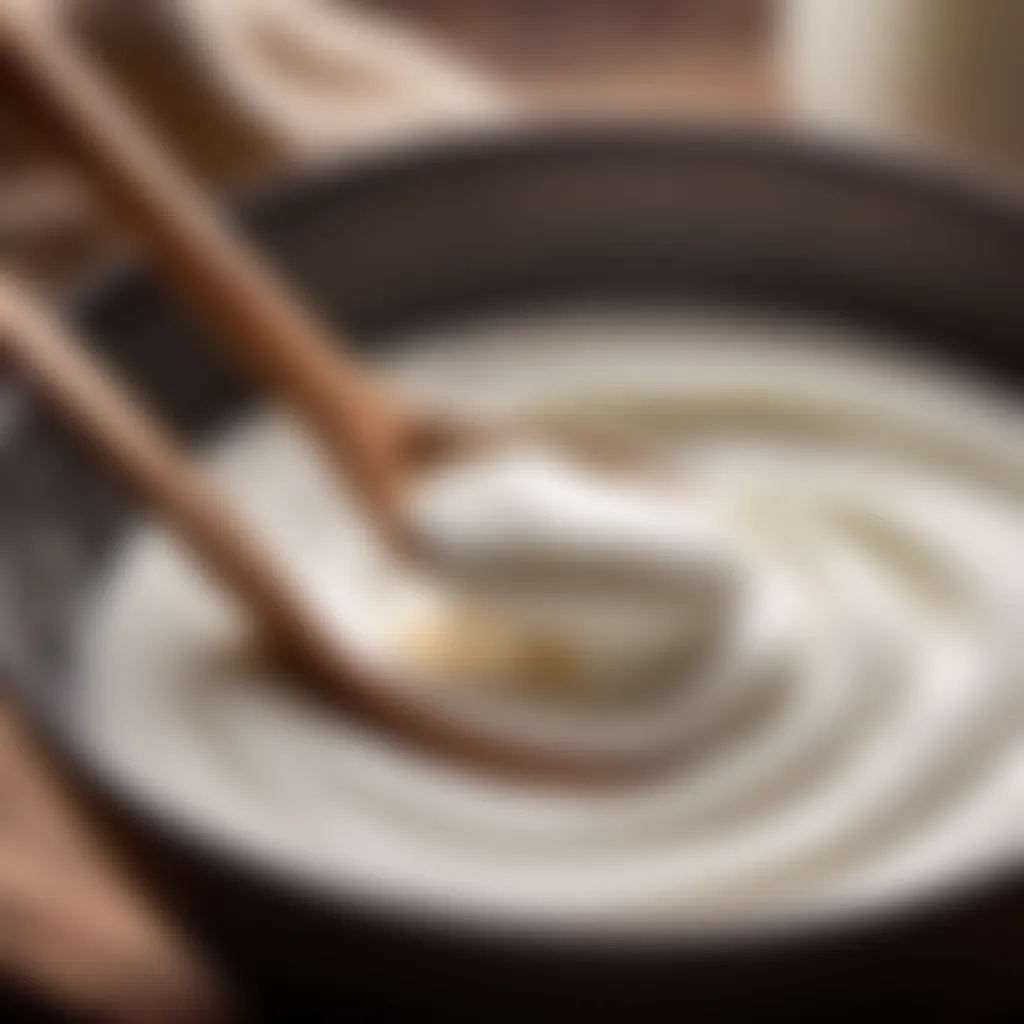 A close-up of homemade yogurt being stirred with a wooden spoon