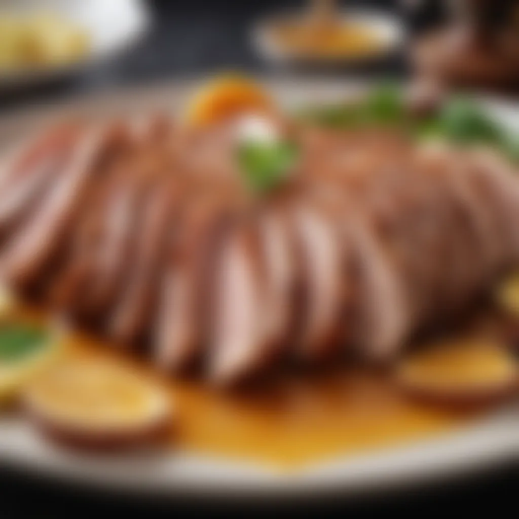 Sliced honey roast duck served with garnish