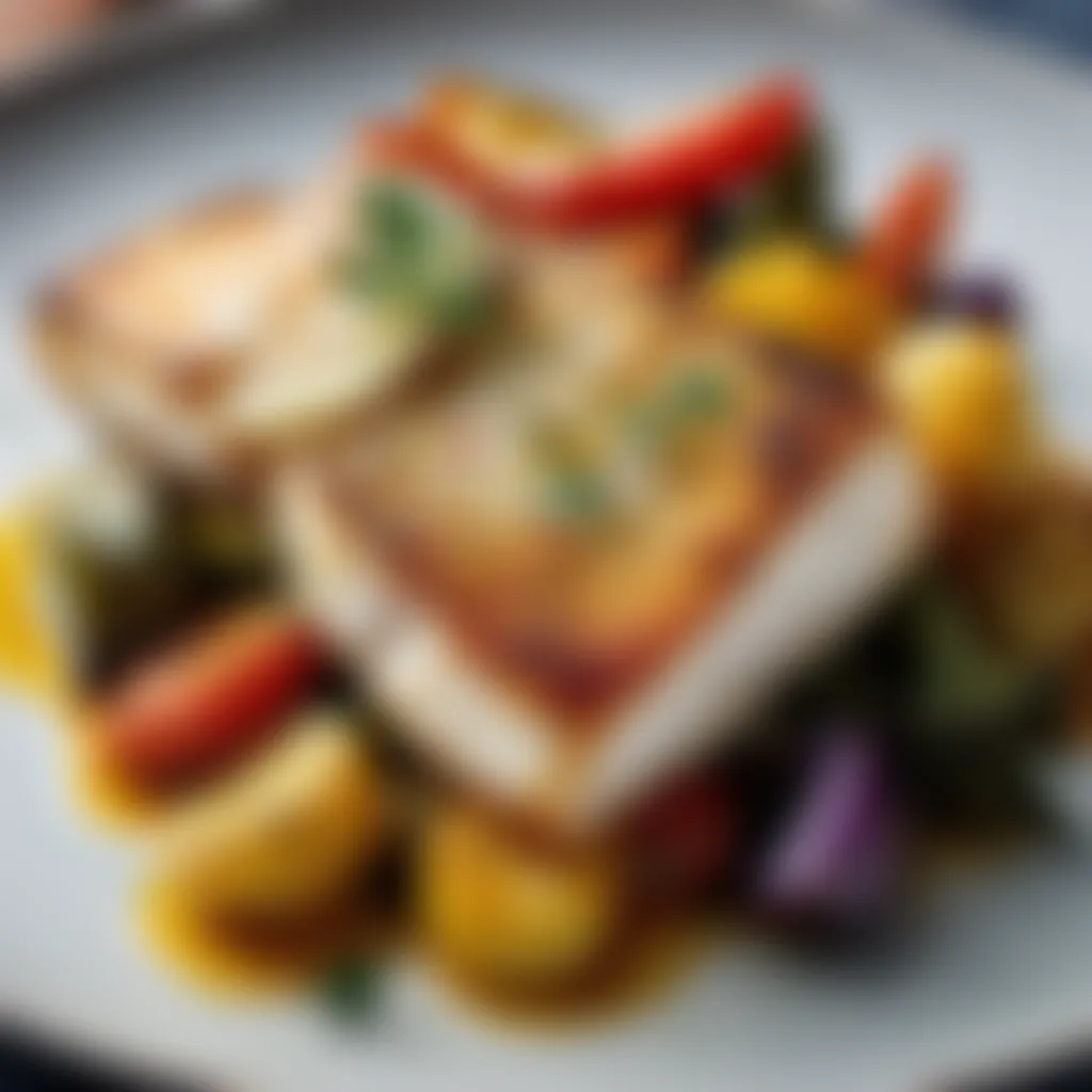 A plate of perfectly cooked cod with roasted vegetables