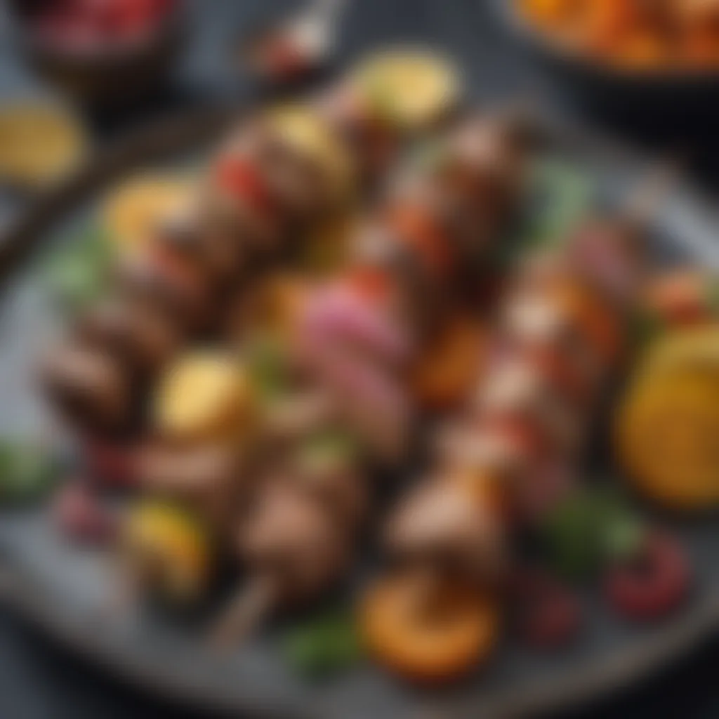 Plated lamb shish kebabs with vibrant garnishes