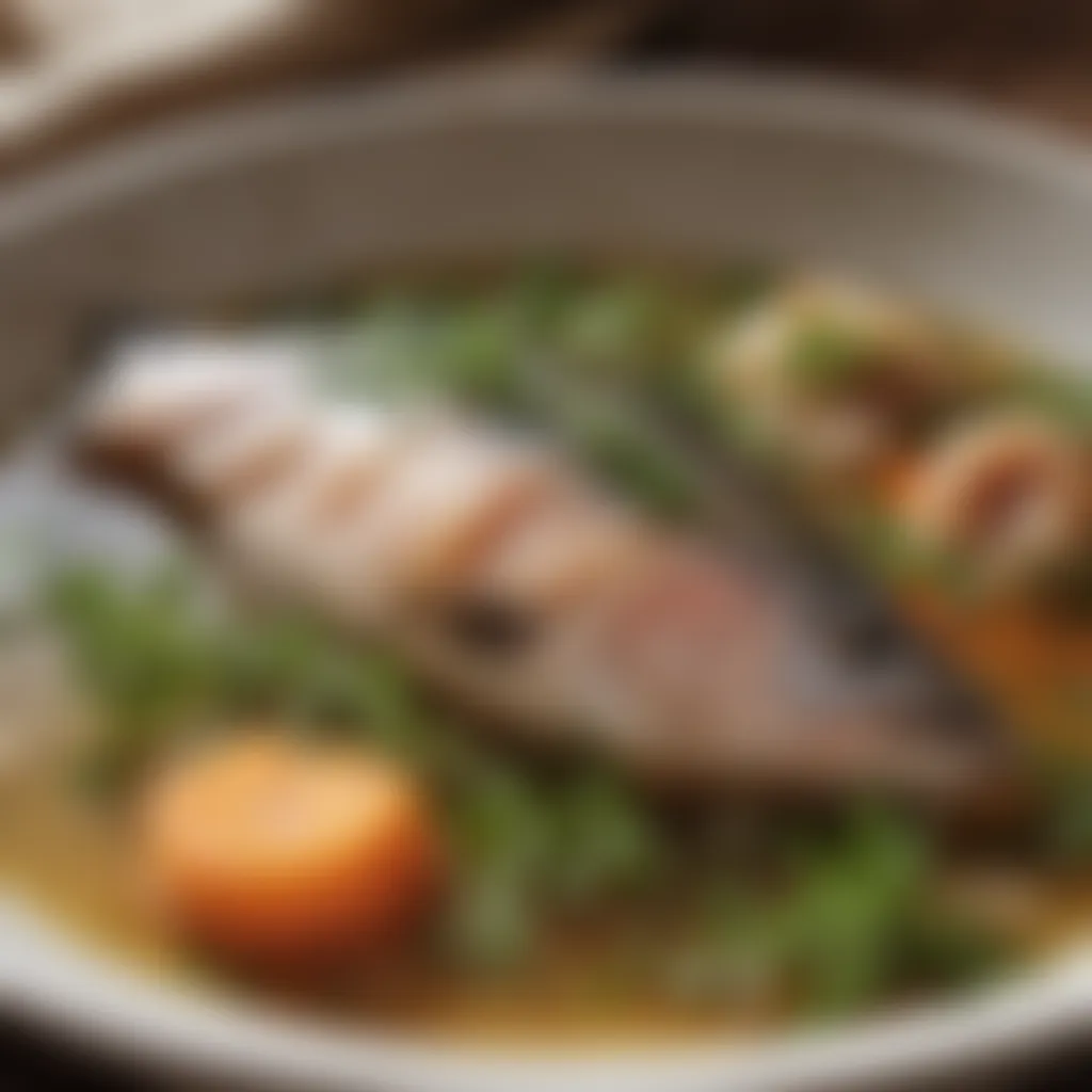 Poaching fish in aromatic broth with herbs