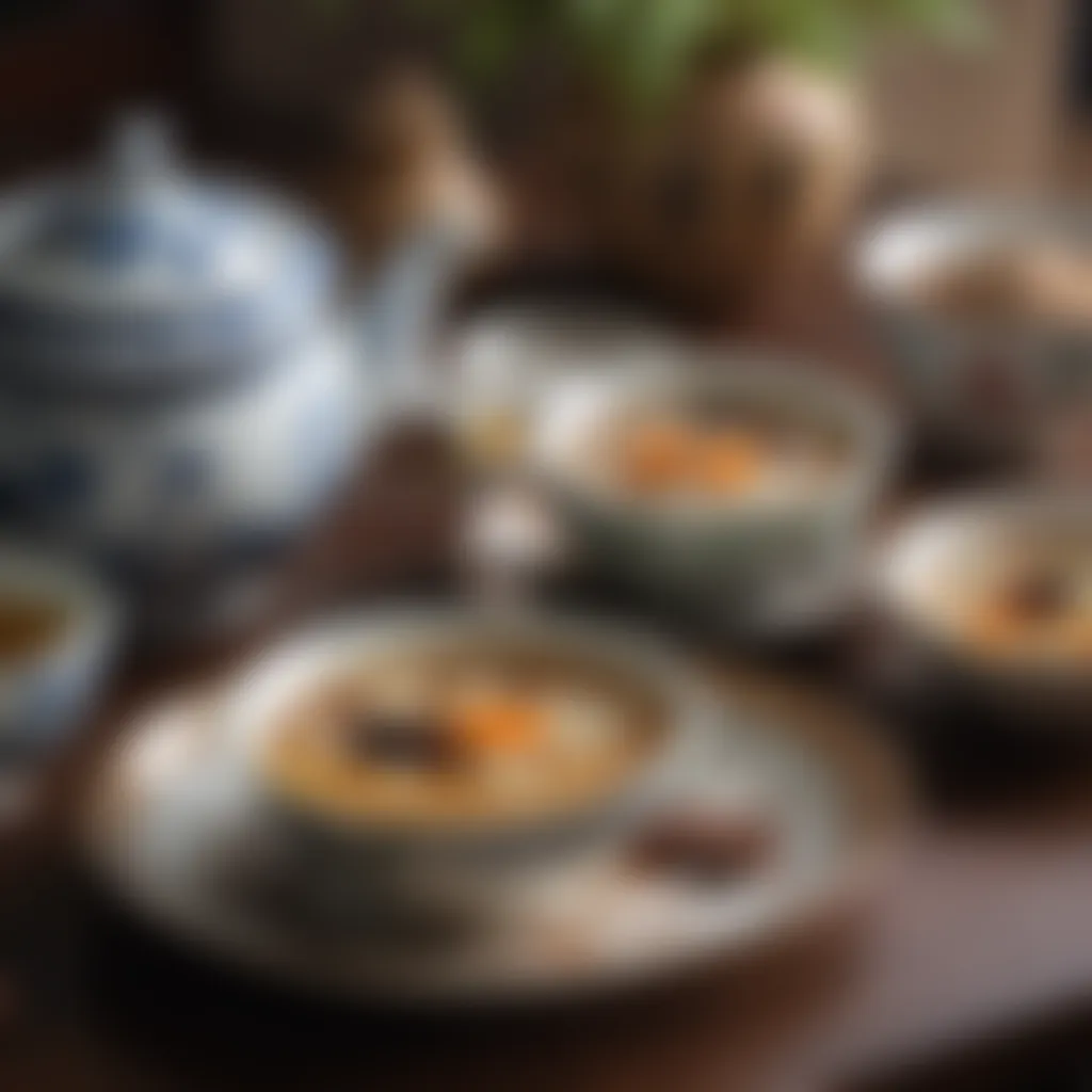 A close-up of a porcelain tea set showcasing the cultural significance of tea in Chinese cuisine