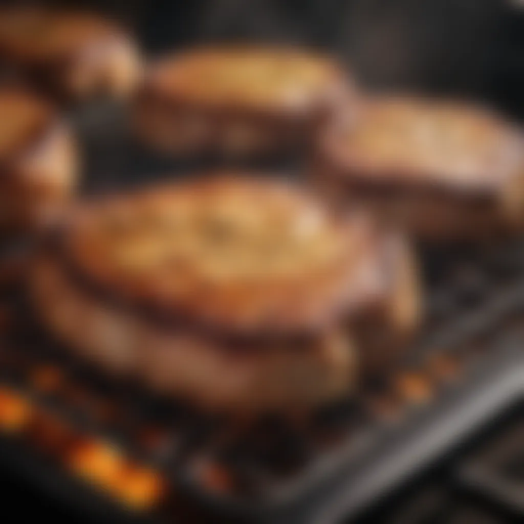 Golden brown pork chops sizzling in the oven