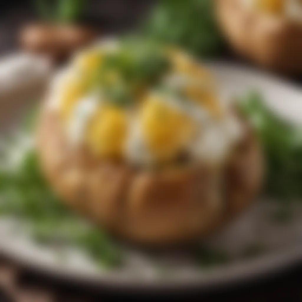 Baked potato stuffed with cottage cheese garnished with fresh herbs