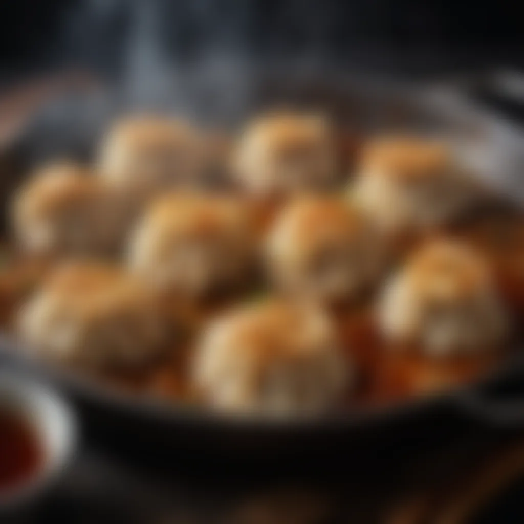 Sizzling potstickers in a traditional pan