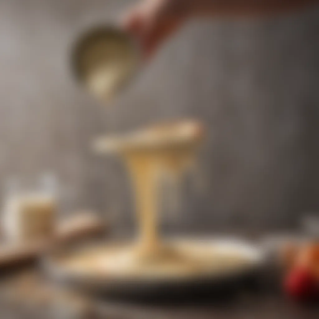 Prepared batter being poured into a cake tin