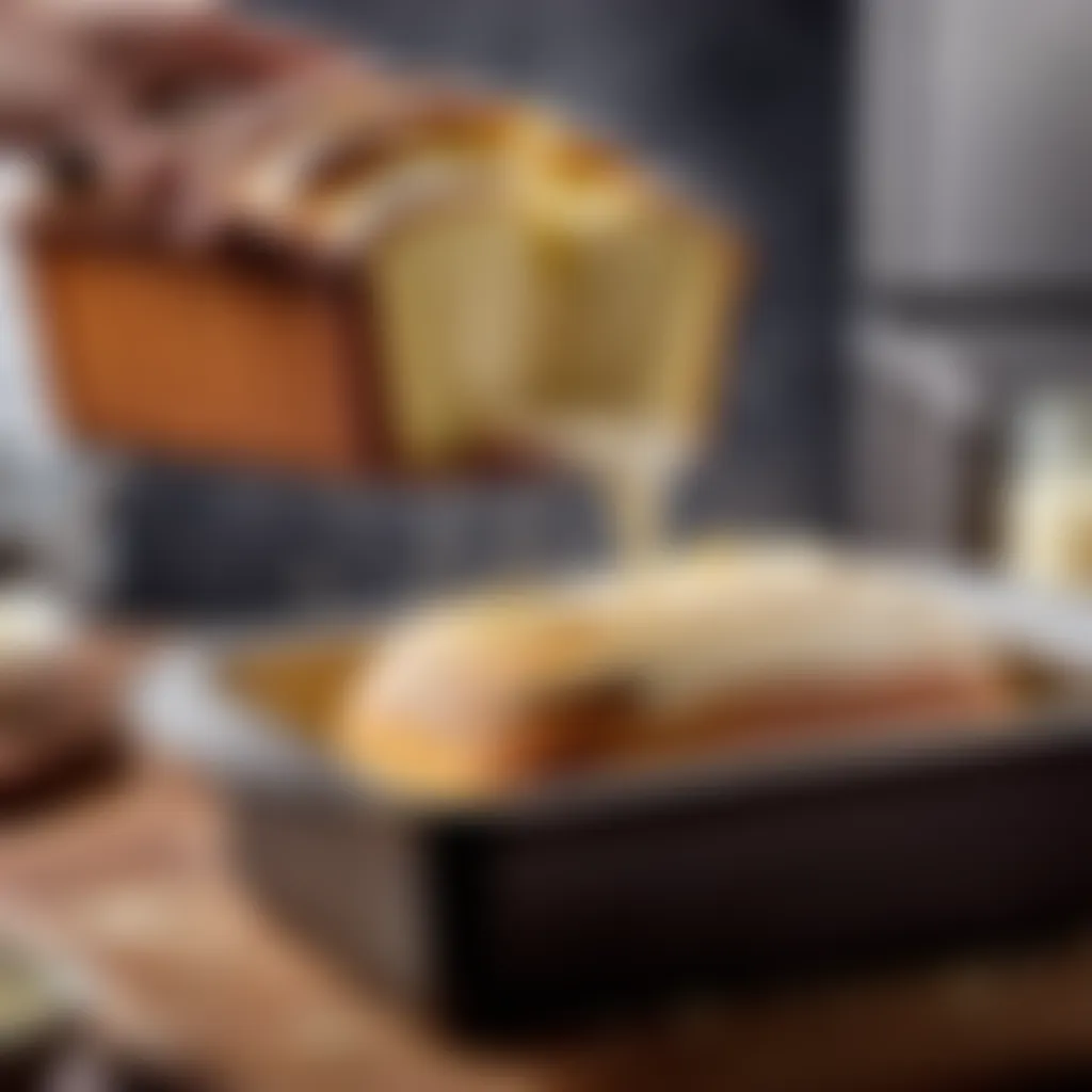 Close-up of pound cake batter being poured into a loaf pan