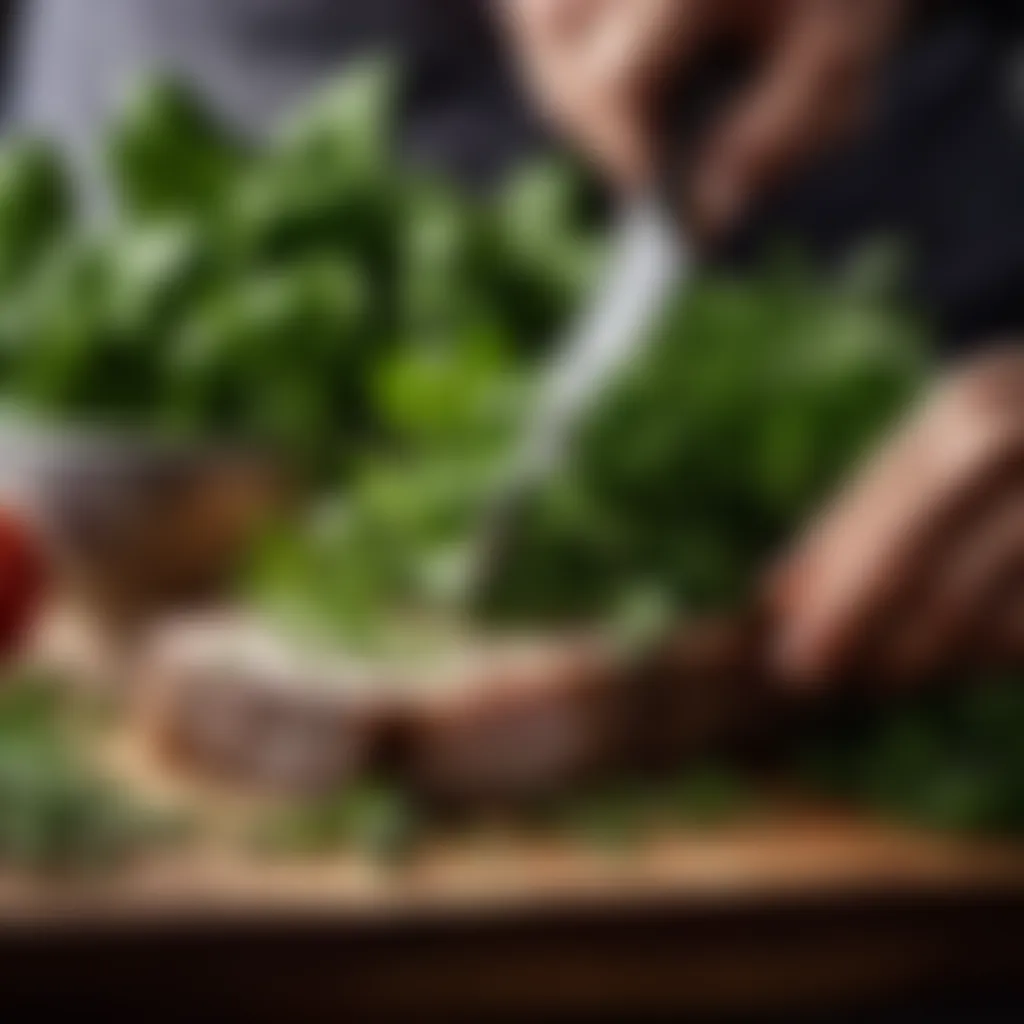 Chef's knife cutting through fresh herbs