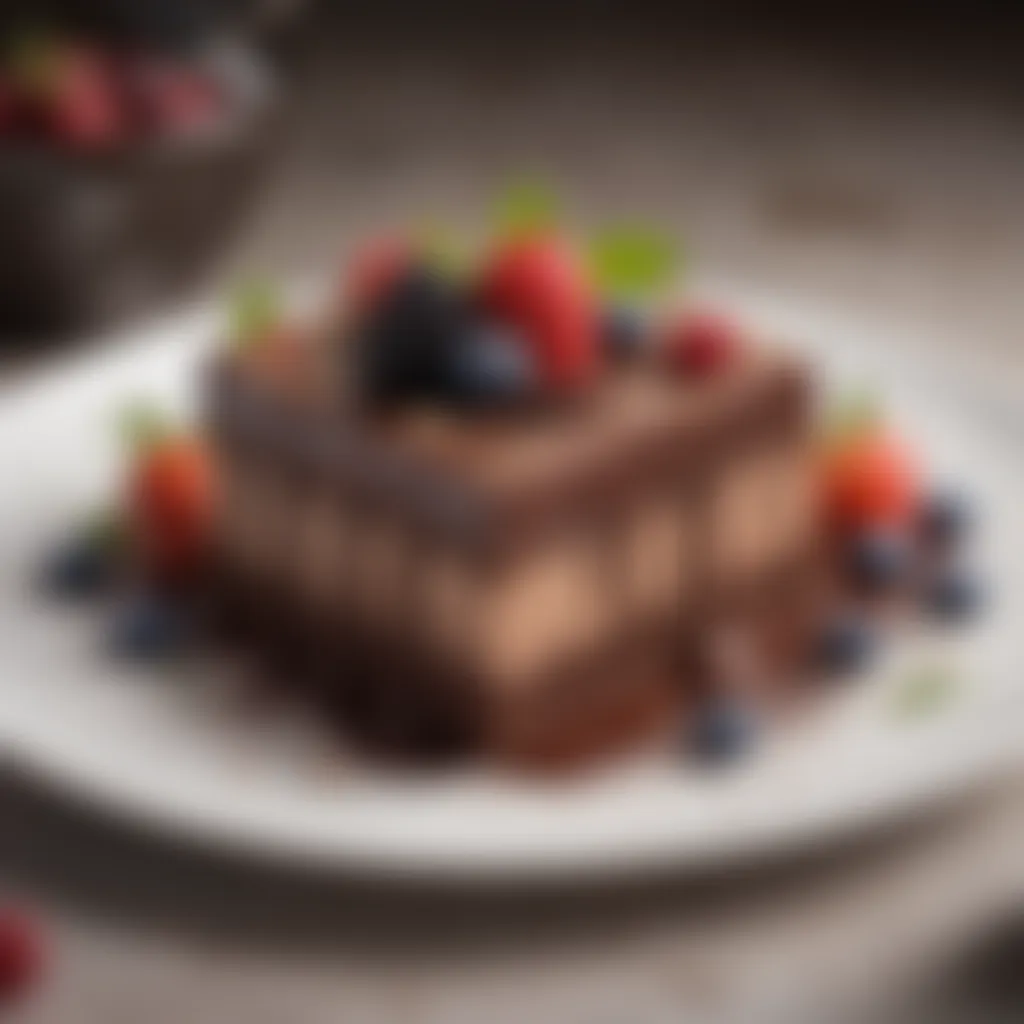 A beautifully plated dessert showcasing rich chocolate layers and fresh berries.