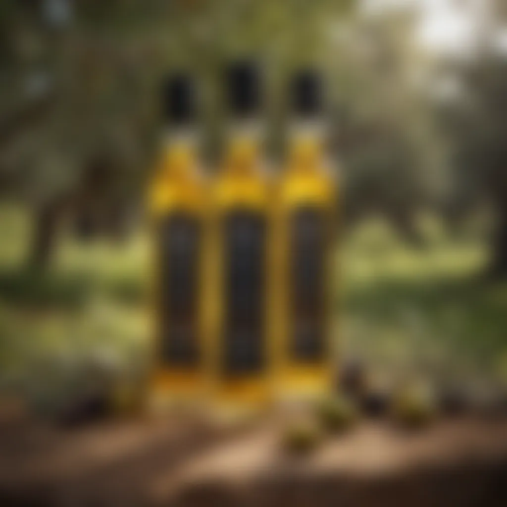 Bottles of premium olive oil from an olive grove