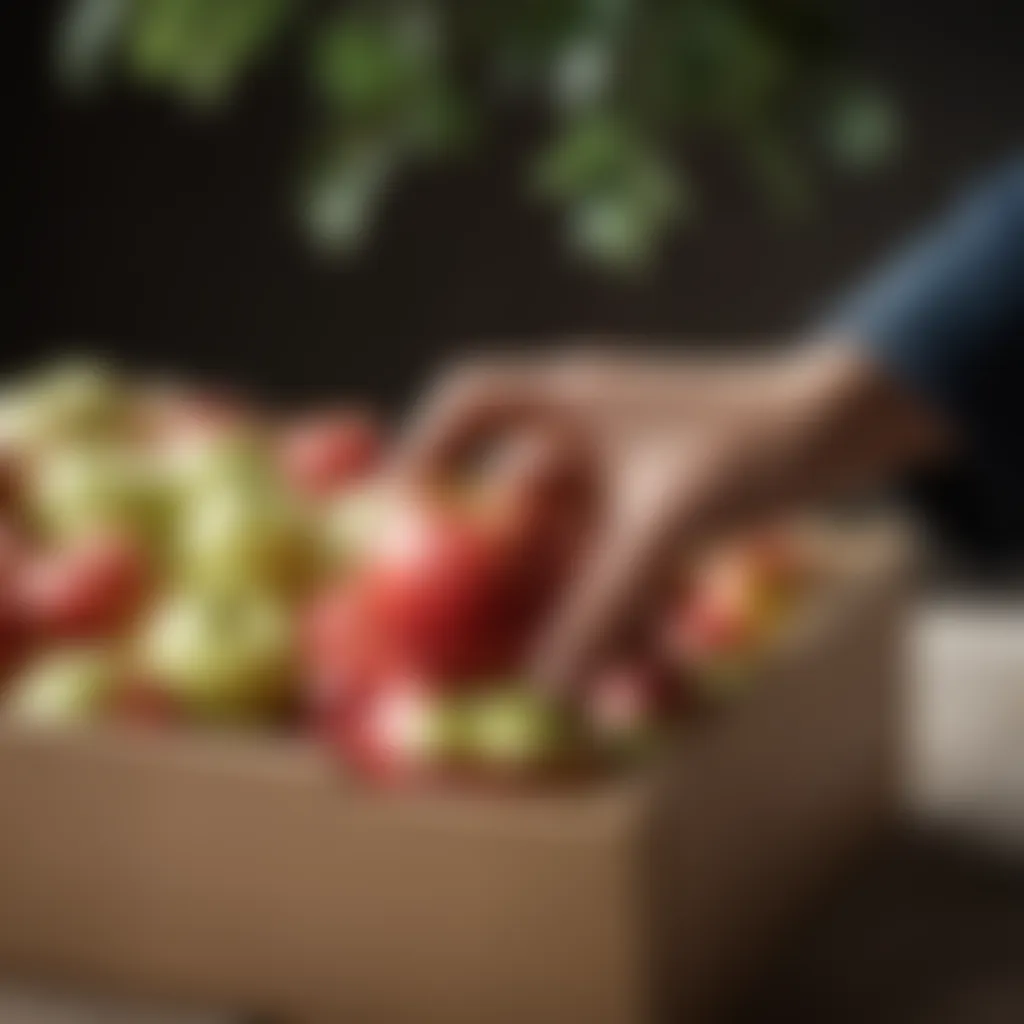 Close-up of a hand reaching for a ripe apple from a box