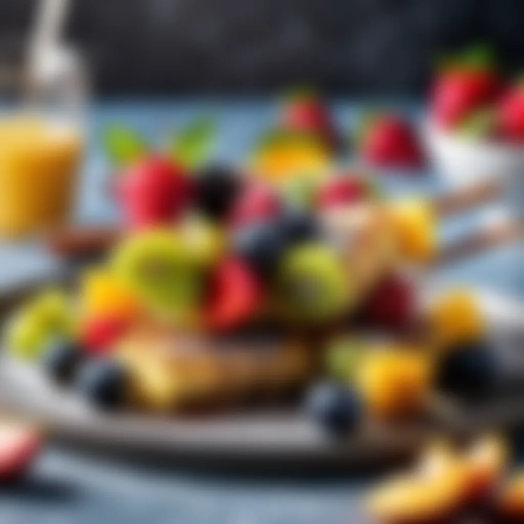 Protein pancake skewers with colorful assorted fruits and a light dusting of cinnamon