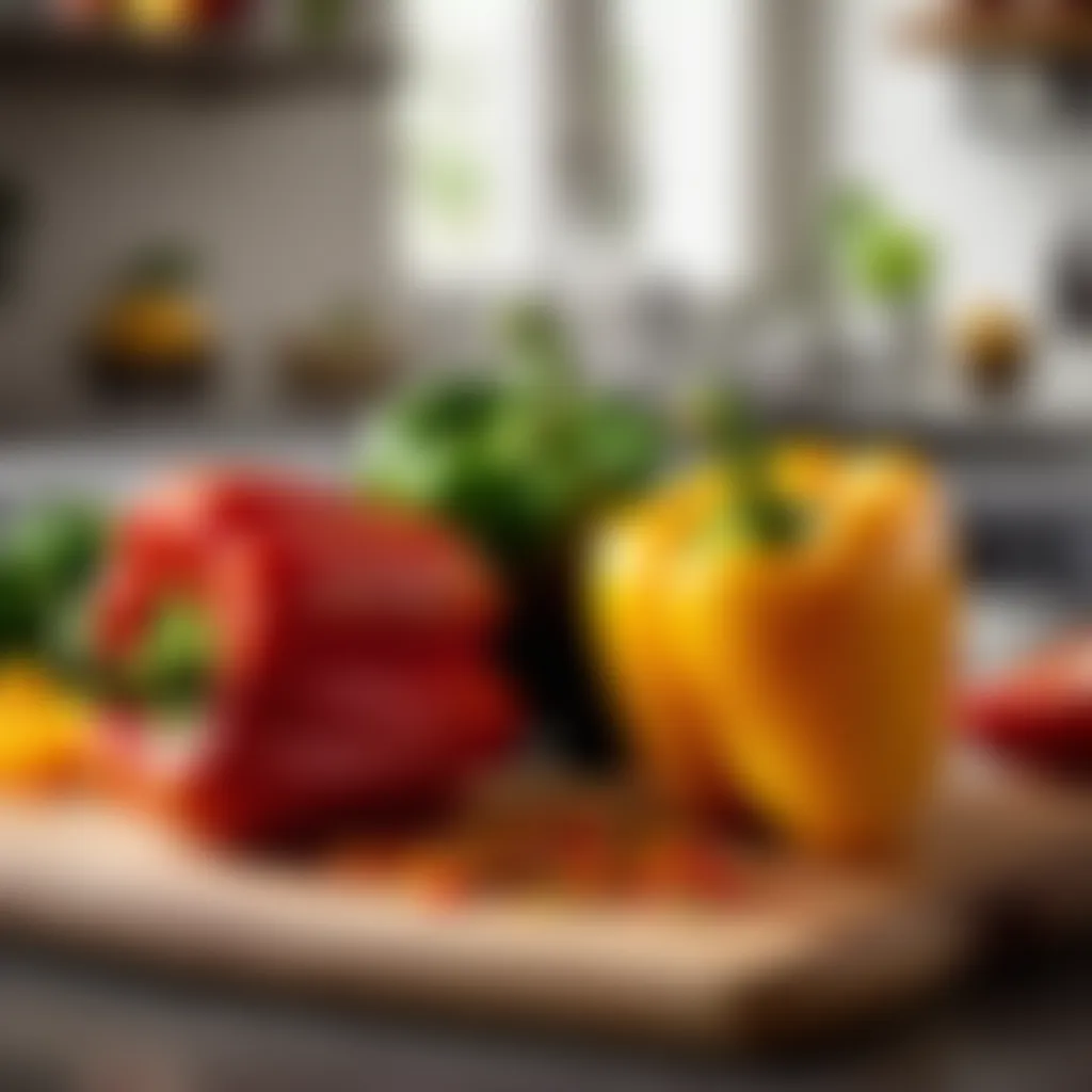 Colorful bell peppers sliced on a chopping board