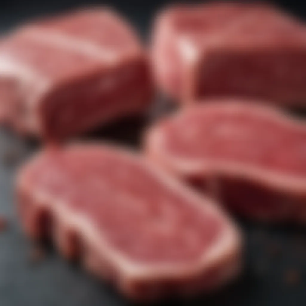 A close-up of high-quality meat cuts with visible marbling