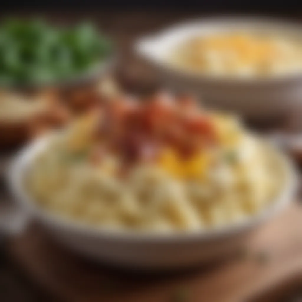 A hearty bowl of loaded mashed potatoes topped with cheese and bacon.