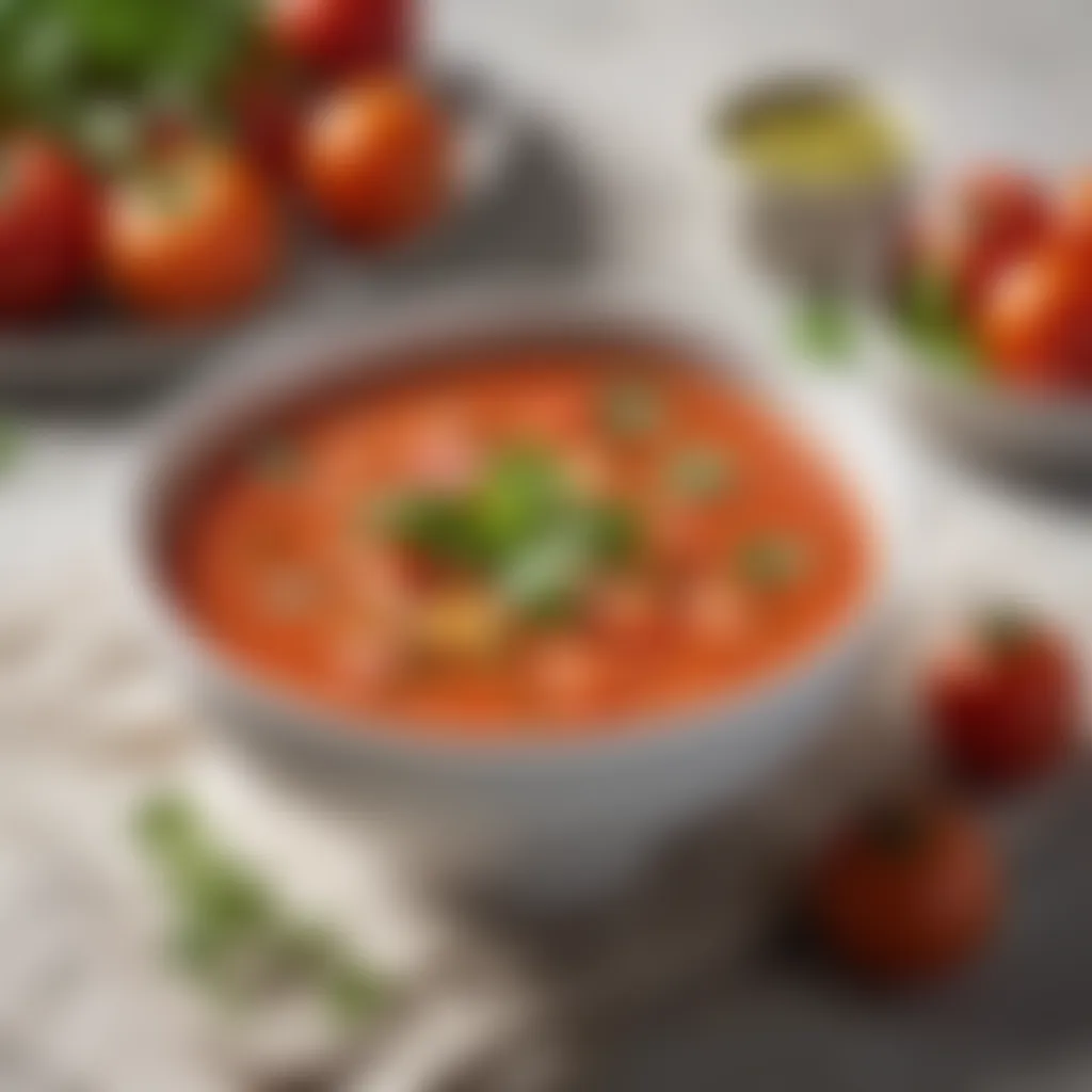 A bowl of refreshing gazpacho made with ripe tomatoes and fresh herbs, served chilled.