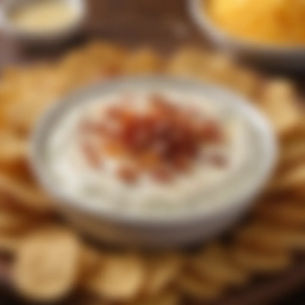 A close-up view of a bowl of ranch dip adorned with crispy bacon bits and melted cheese.