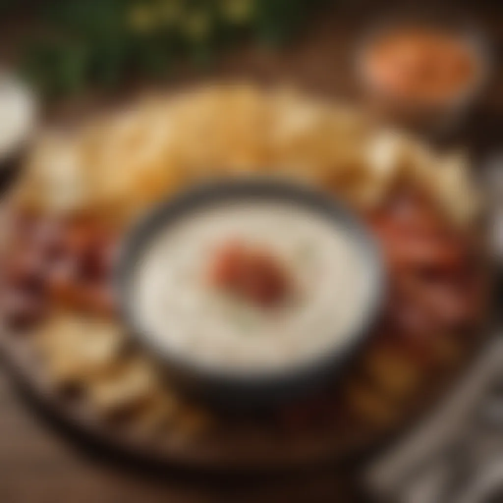 A rustic table set for a party featuring ranch dip with various accompaniments.