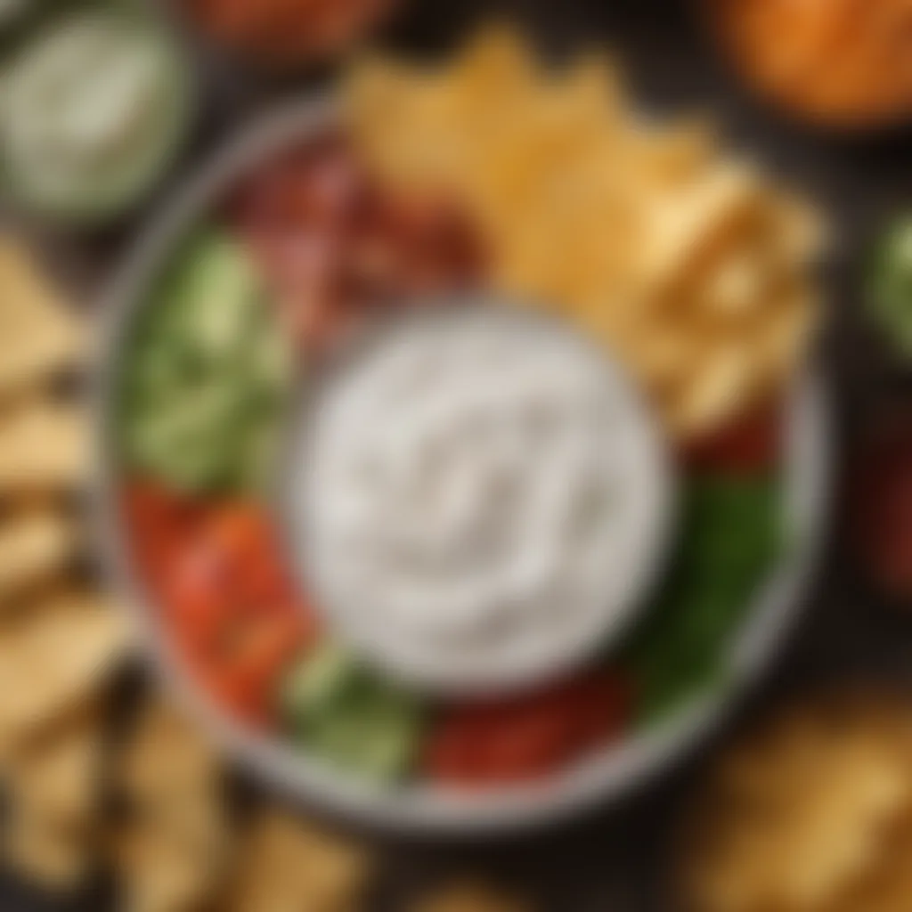 Fresh vegetables and tortilla chips arranged around a bowl of ranch dip.