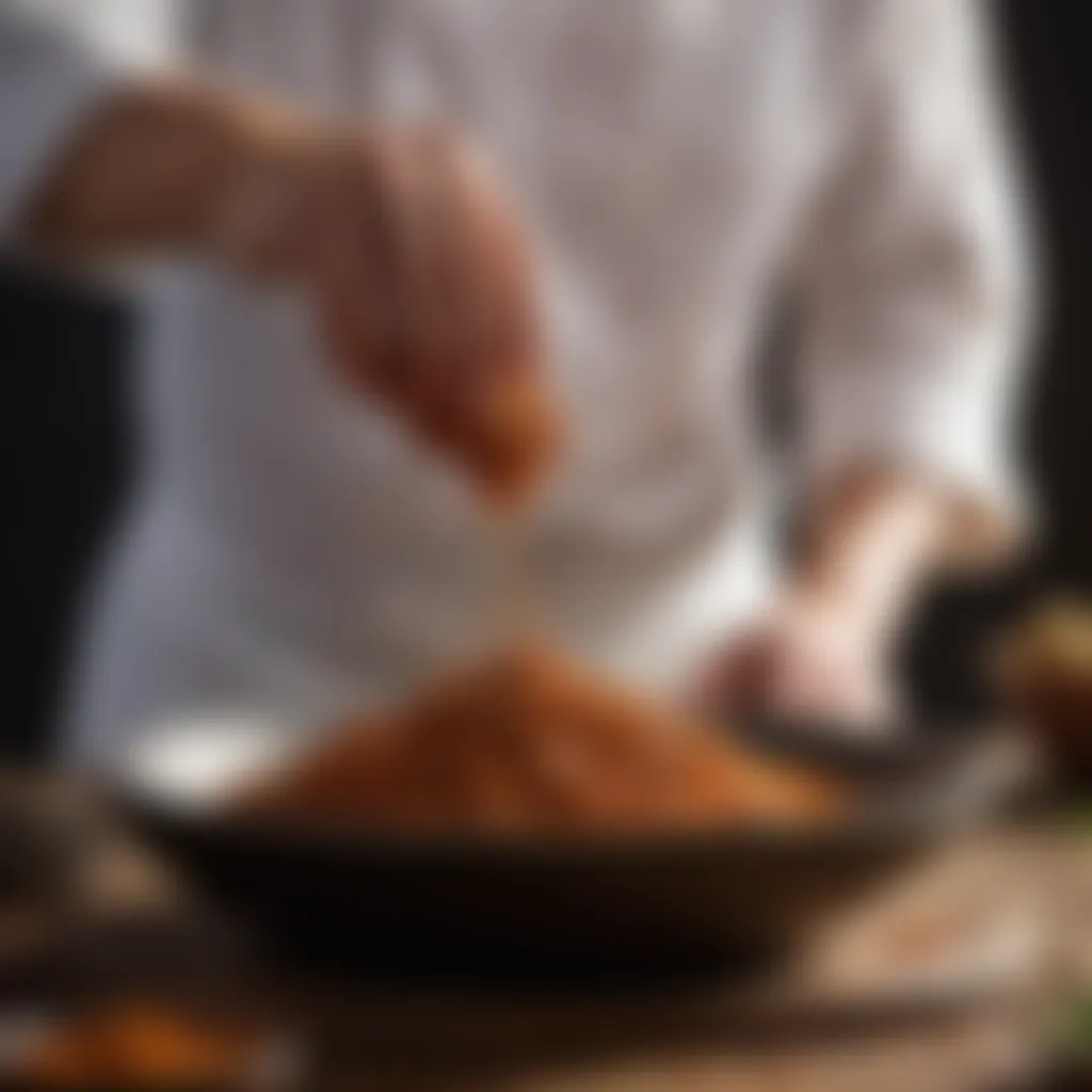 Chef's hand sprinkling Ras El Hanout onto a dish