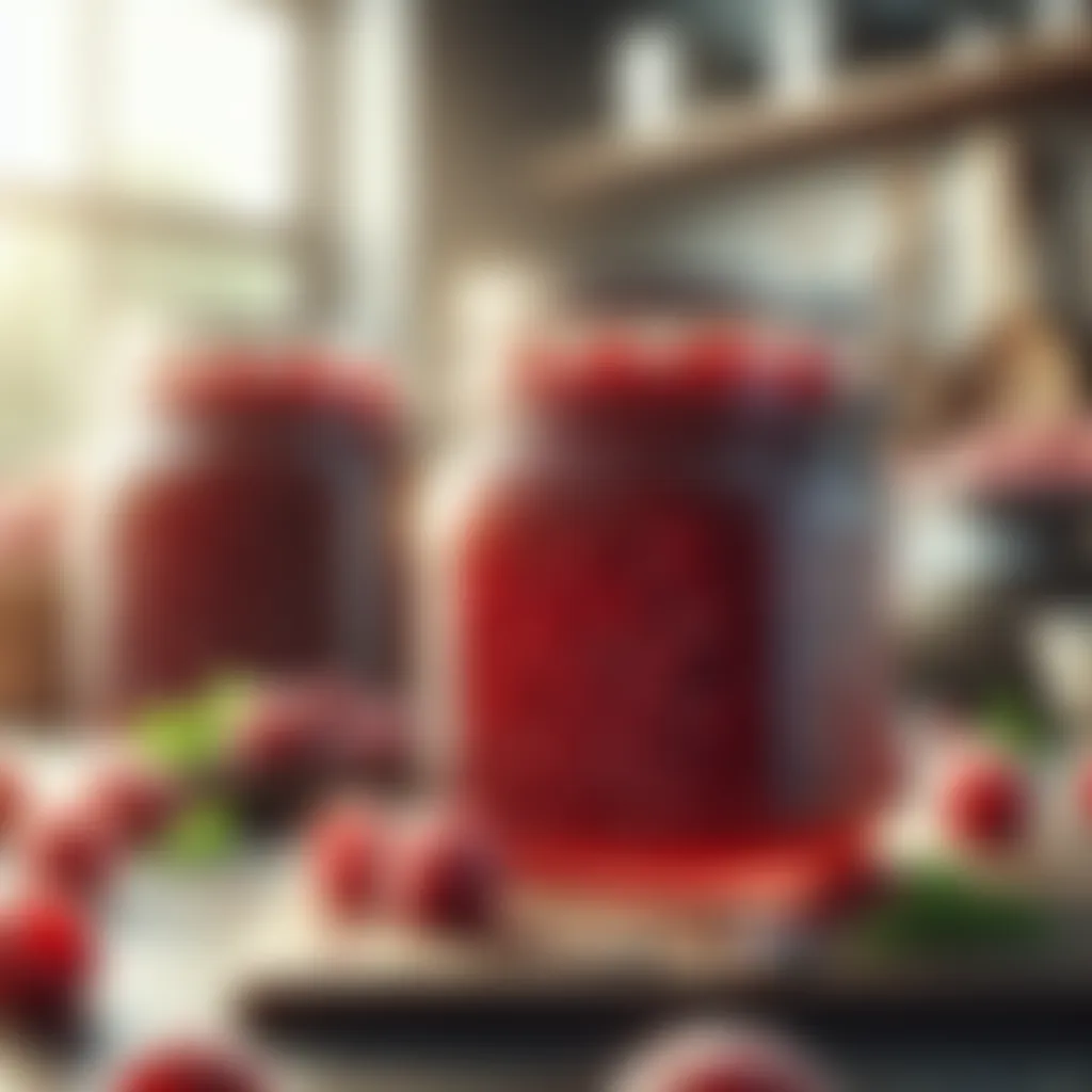 Preserving homemade raspberry jam in jars