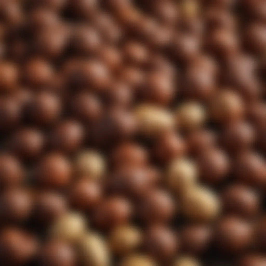 Close-up of raw hazelnuts and cocoa beans, highlighting the raw ingredients that create hazelnut chocolate.