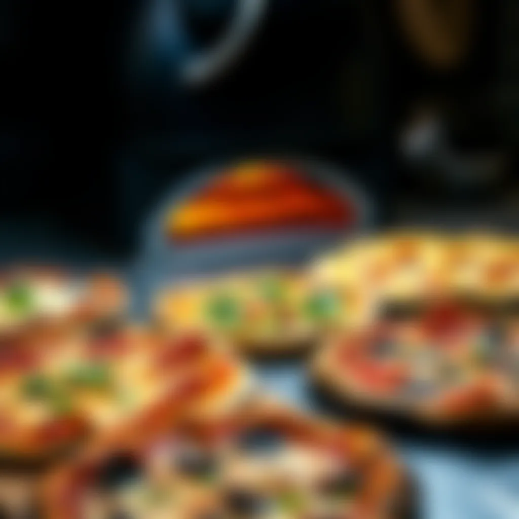 A vibrant display of various pizza styles cooked in different ovens.