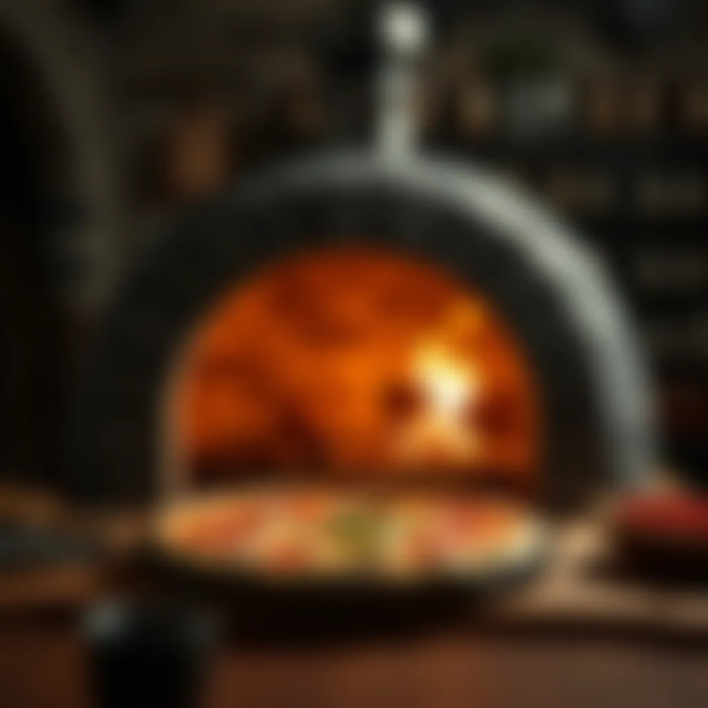 Detailed illustration showing the construction elements of a wood-fired pizza oven.