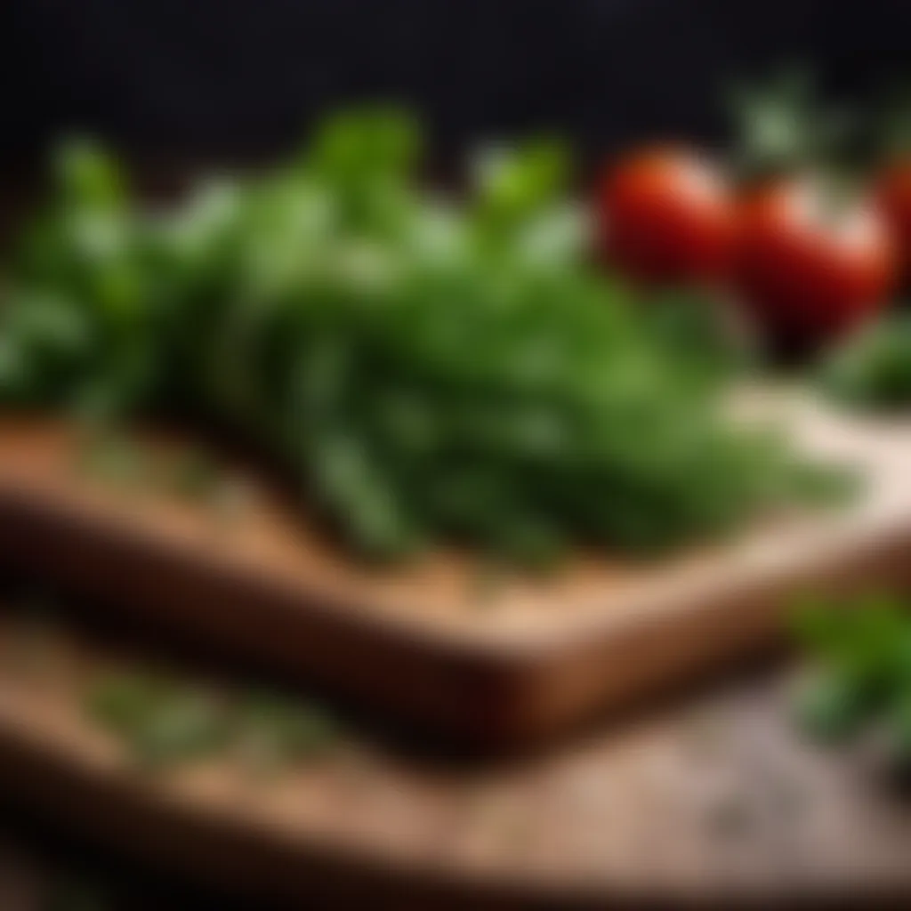 Fresh herbs on a wooden cutting board