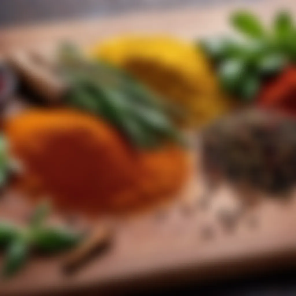 Colorful spices and herbs on a wooden cutting board