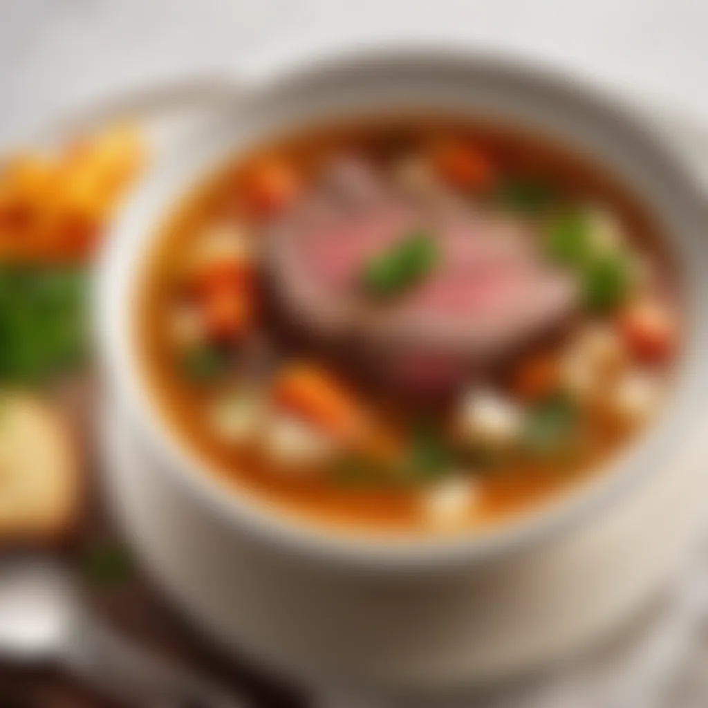 Garnished steak soup in a soup bowl