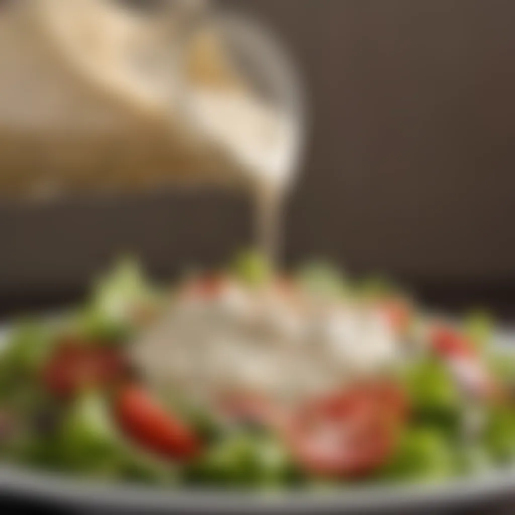 Close-up of a creamy dressing drizzled over a fresh salad