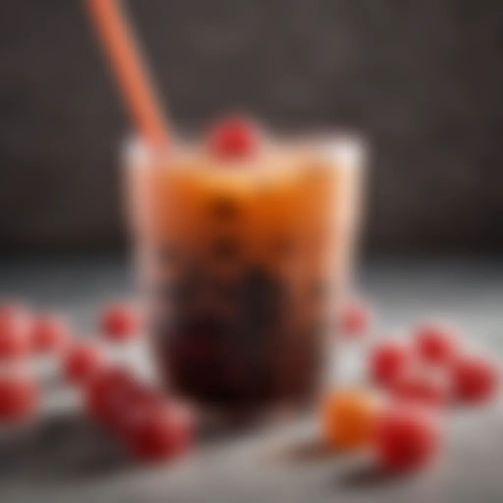 Close-up of a refreshing bubble tea drink with jelly cubes and a sprinkle of tapioca pearls