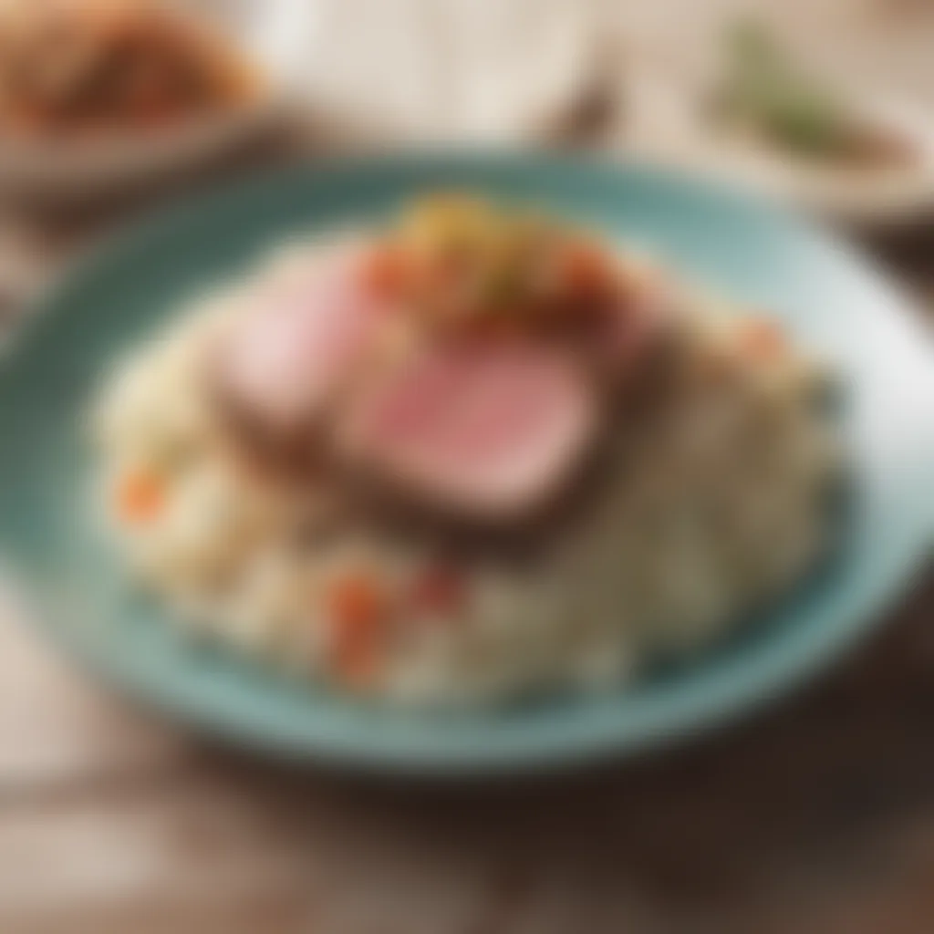 Fresh tuna steak on a colorful plate with a side of rice