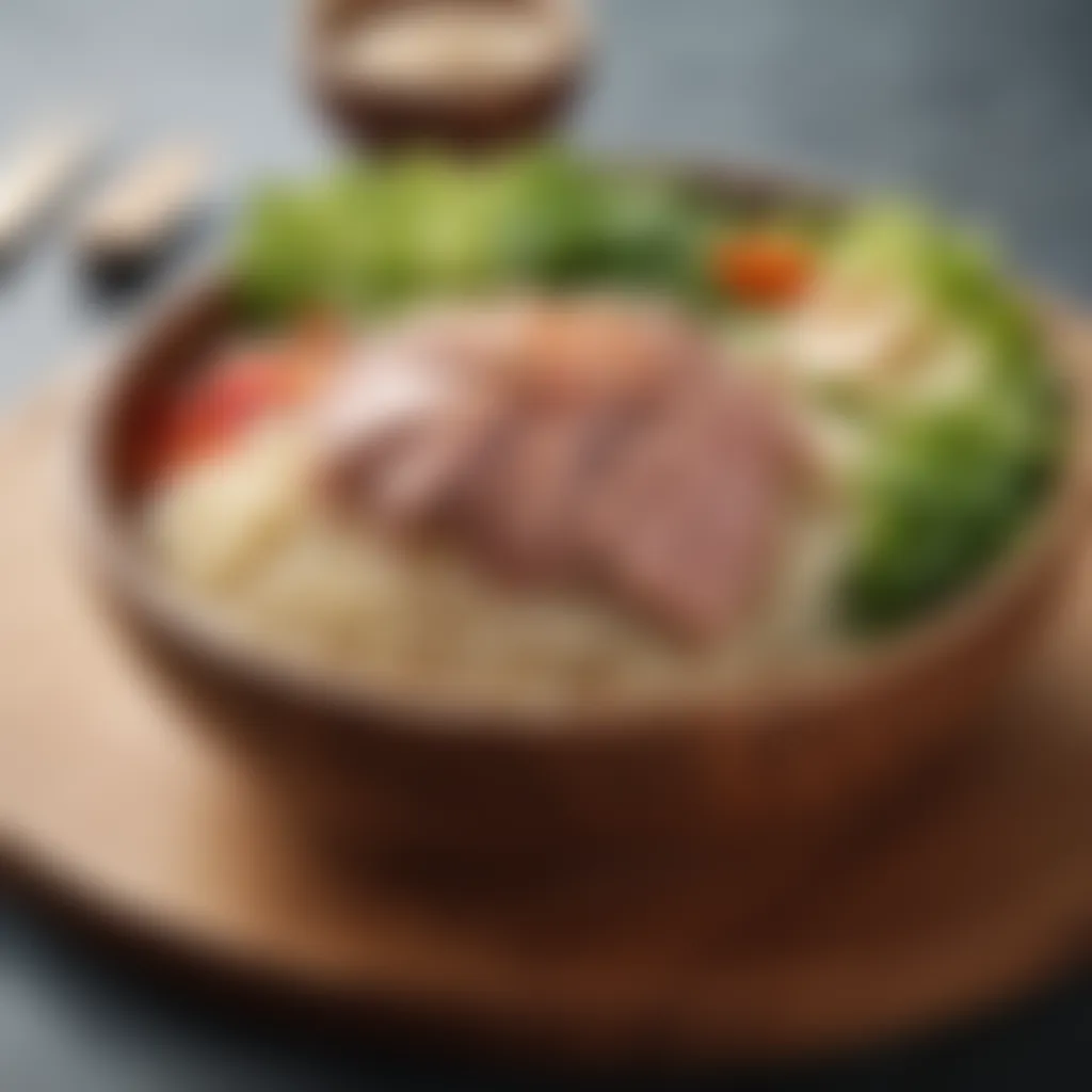 Cooked rice in a wooden bowl beside a tuna salad