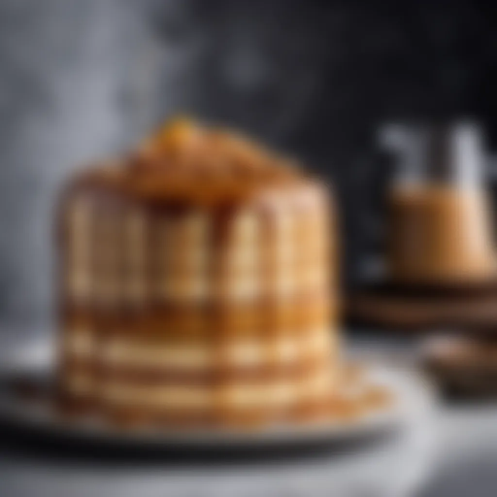 A stack of rich and creamy caramel layer cake with caramel drizzle